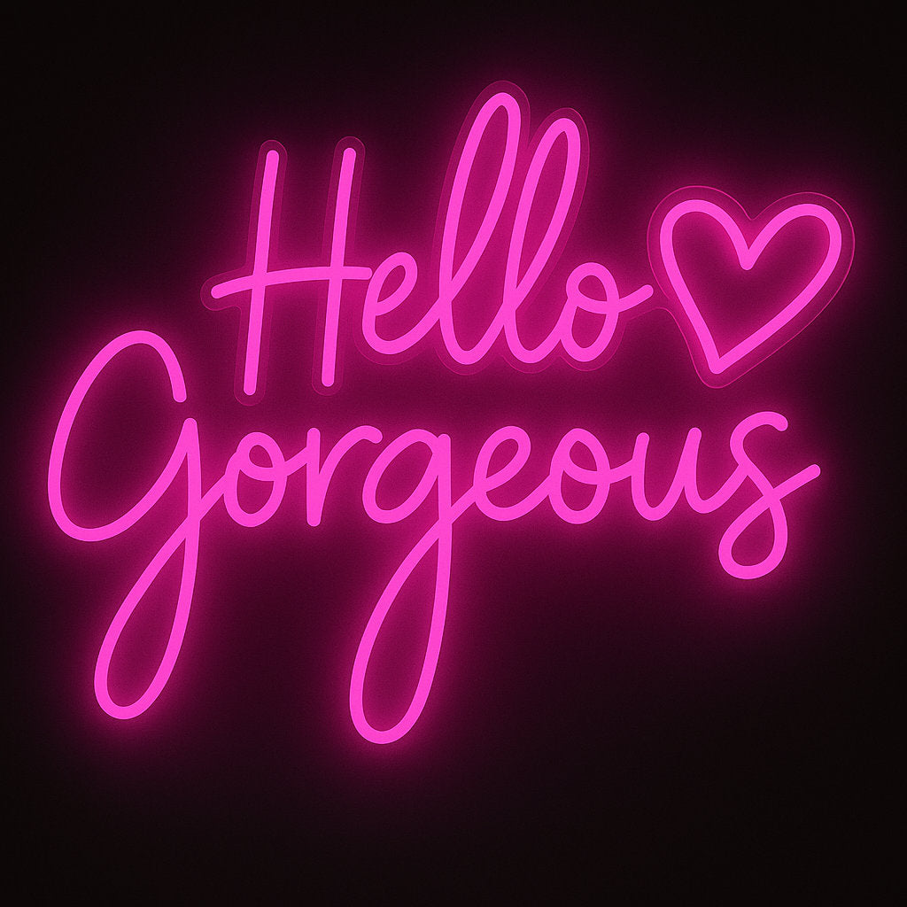 Hello Gorgeous neon sign with heart in hot pink LED – FlexNeon wall decor for bedroom, beauty room, or home styling