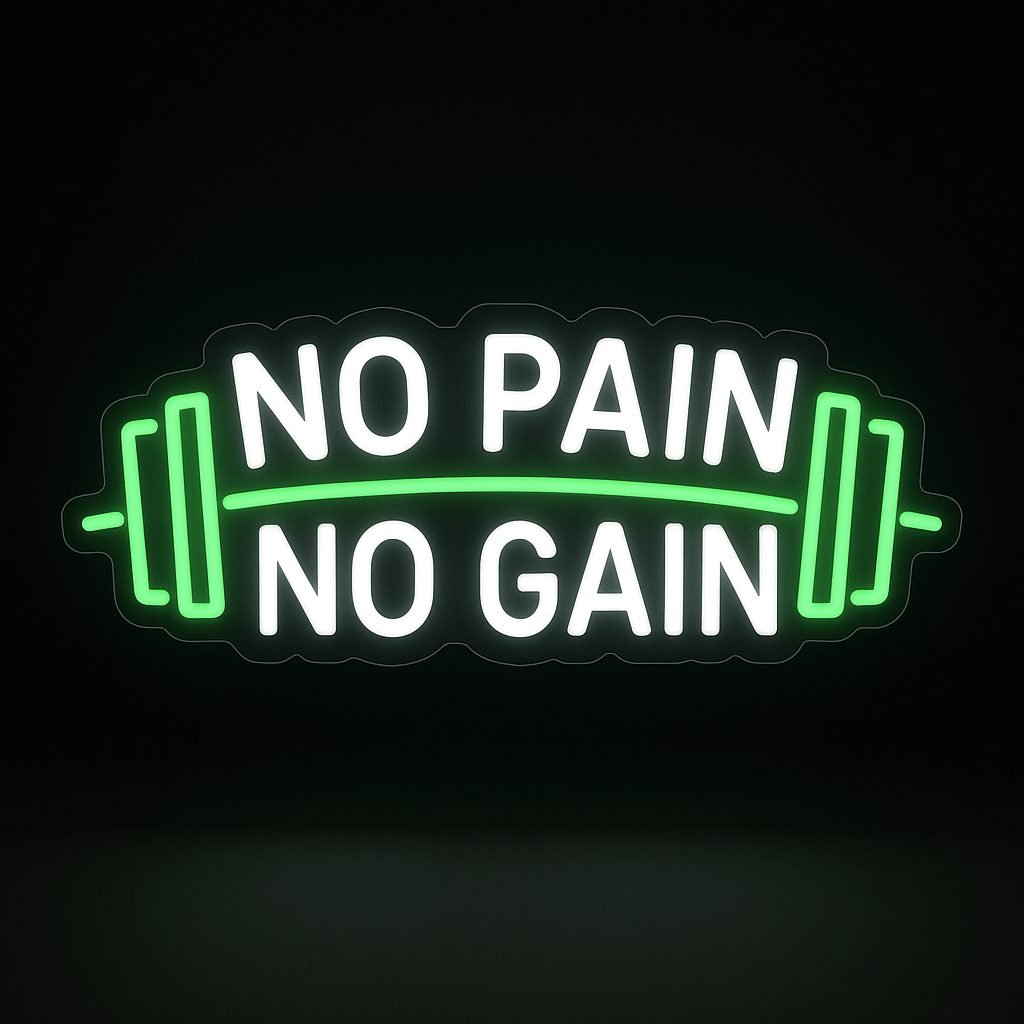 No Pain No Gain neon sign with green and white LED lights mounted on clear acrylic backing, perfect for gym or fitness decor