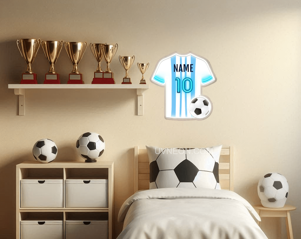 Argentina football shirt neon sign glowing in sky blue and white LED on acrylic backing