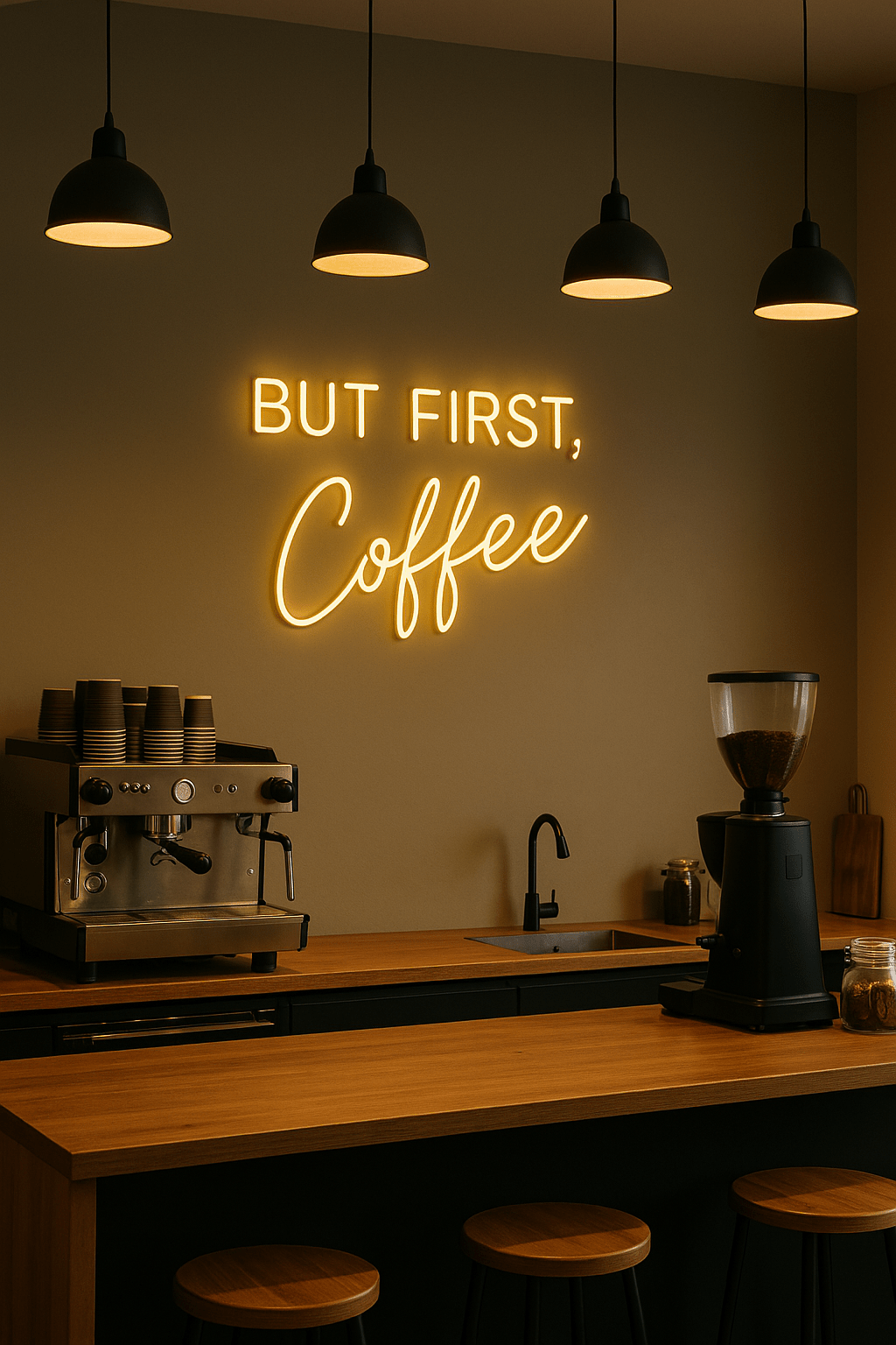 BUT FIRST, Coffee neon sign in LED flex mounted on a café-style wall above a wooden coffee bar with espresso machine, grinder, and pendant lighting – ideal for hospitality and coffee shop décor