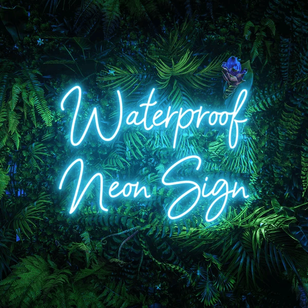 Waterproof neon sign in glowing blue script displayed against a lush green foliage wall, suitable for outdoor use