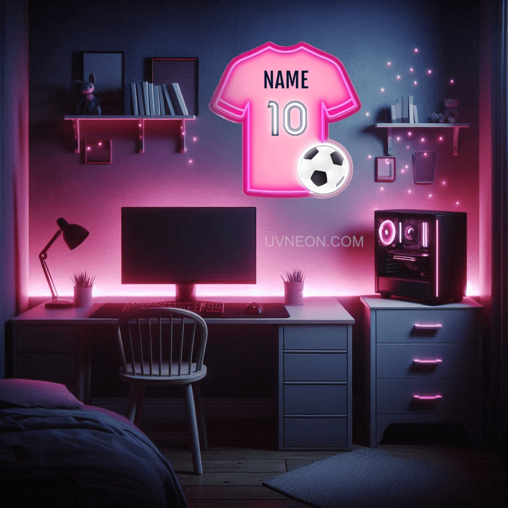 Inter Miami football shirt neon sign lit up in pink and black LED lights with acrylic base