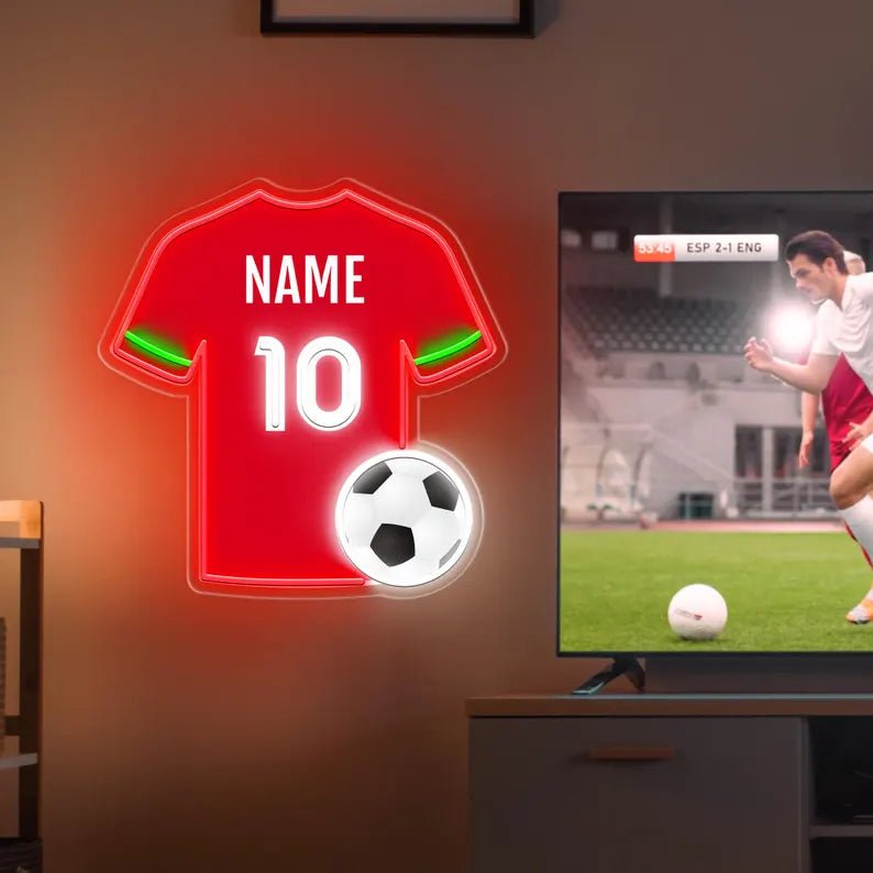 Portugal football shirt LED neon sign illuminated in red and green on clear acrylic backing