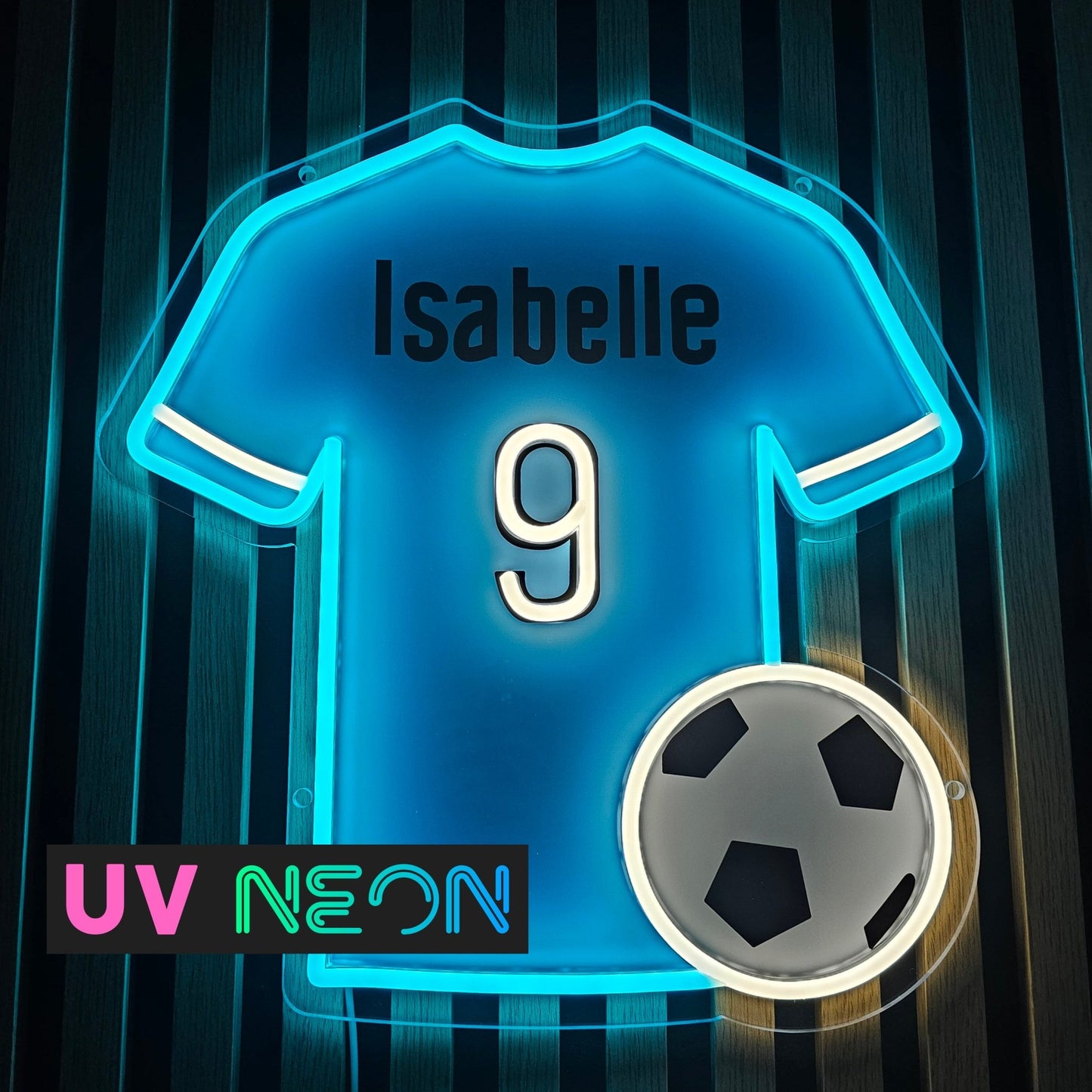 Custom Manchester City football shirt neon sign glowing in sky blue LED on acrylic backing