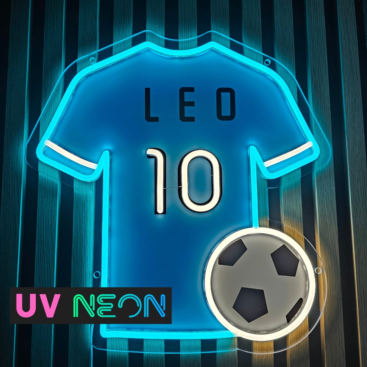 SS Lazio-inspired football shirt neon sign illuminated in sky blue LED on clear acrylic
