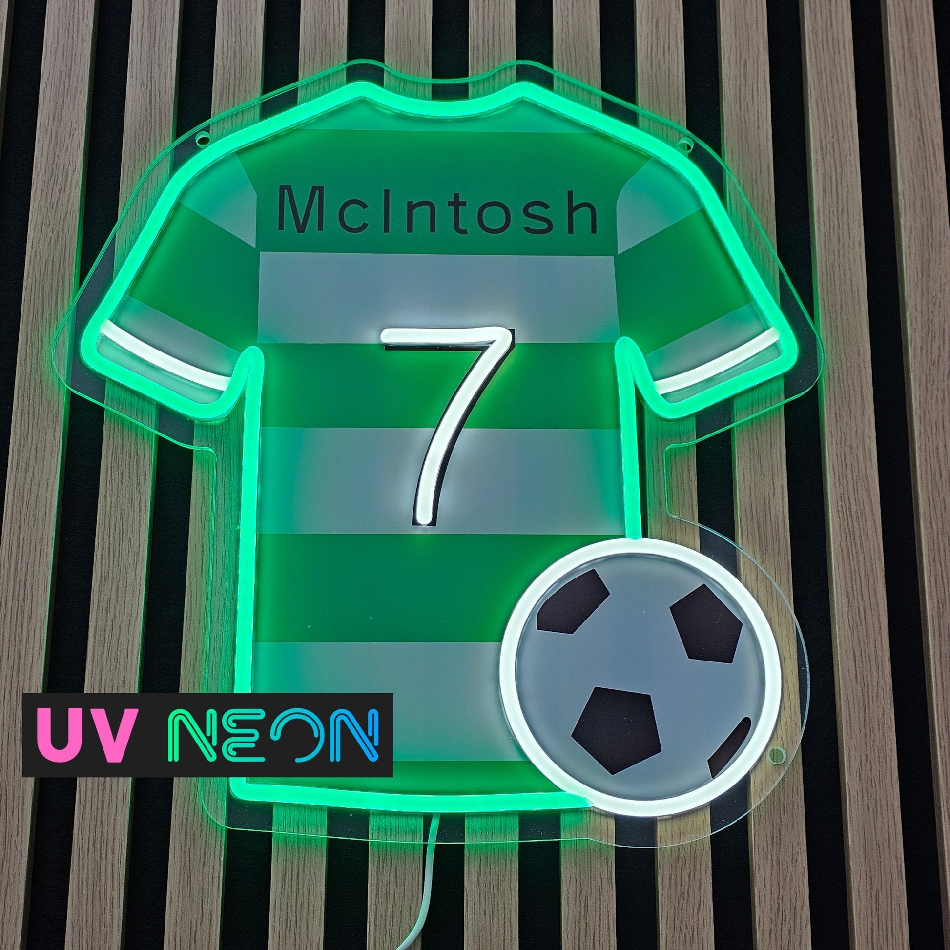 Custom Celtic football shirt neon sign illuminated in green and white LED lights on acrylic backing