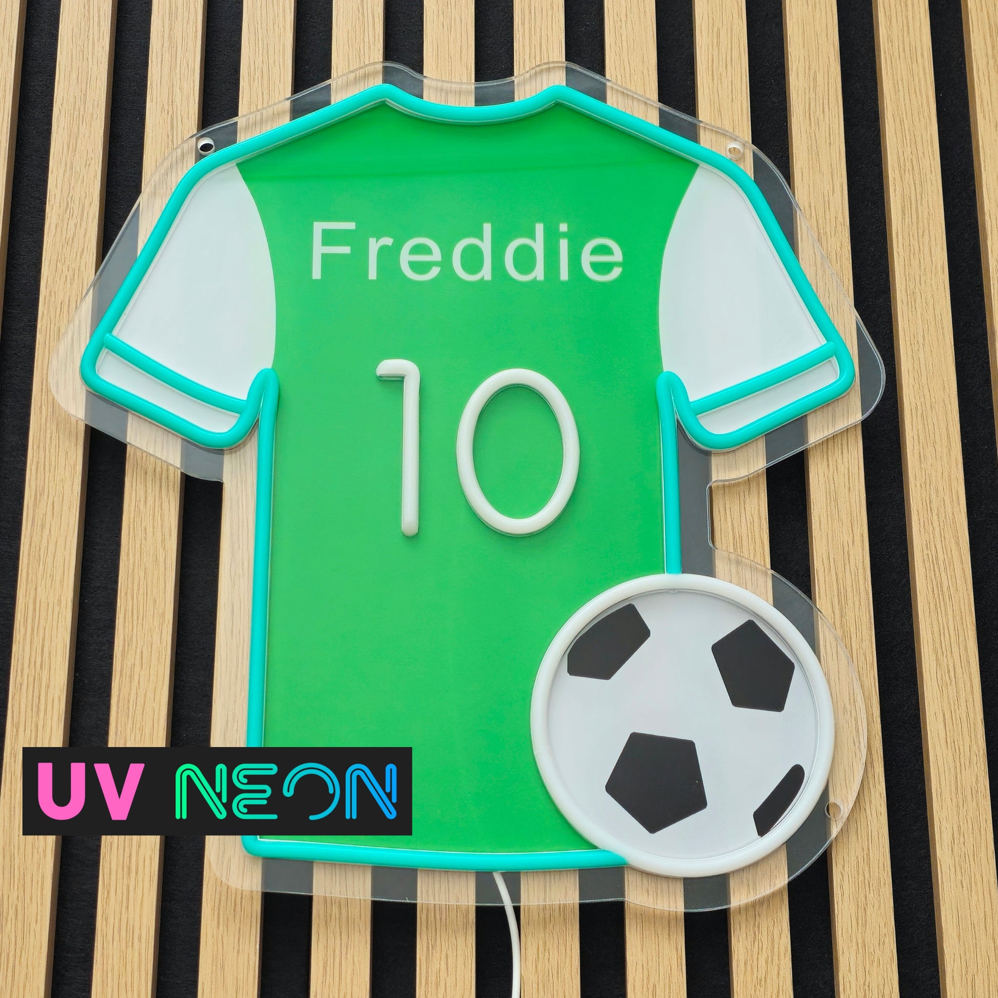 LED neon football shirt sign in Hibernian FC style shown with lights off on acrylic base