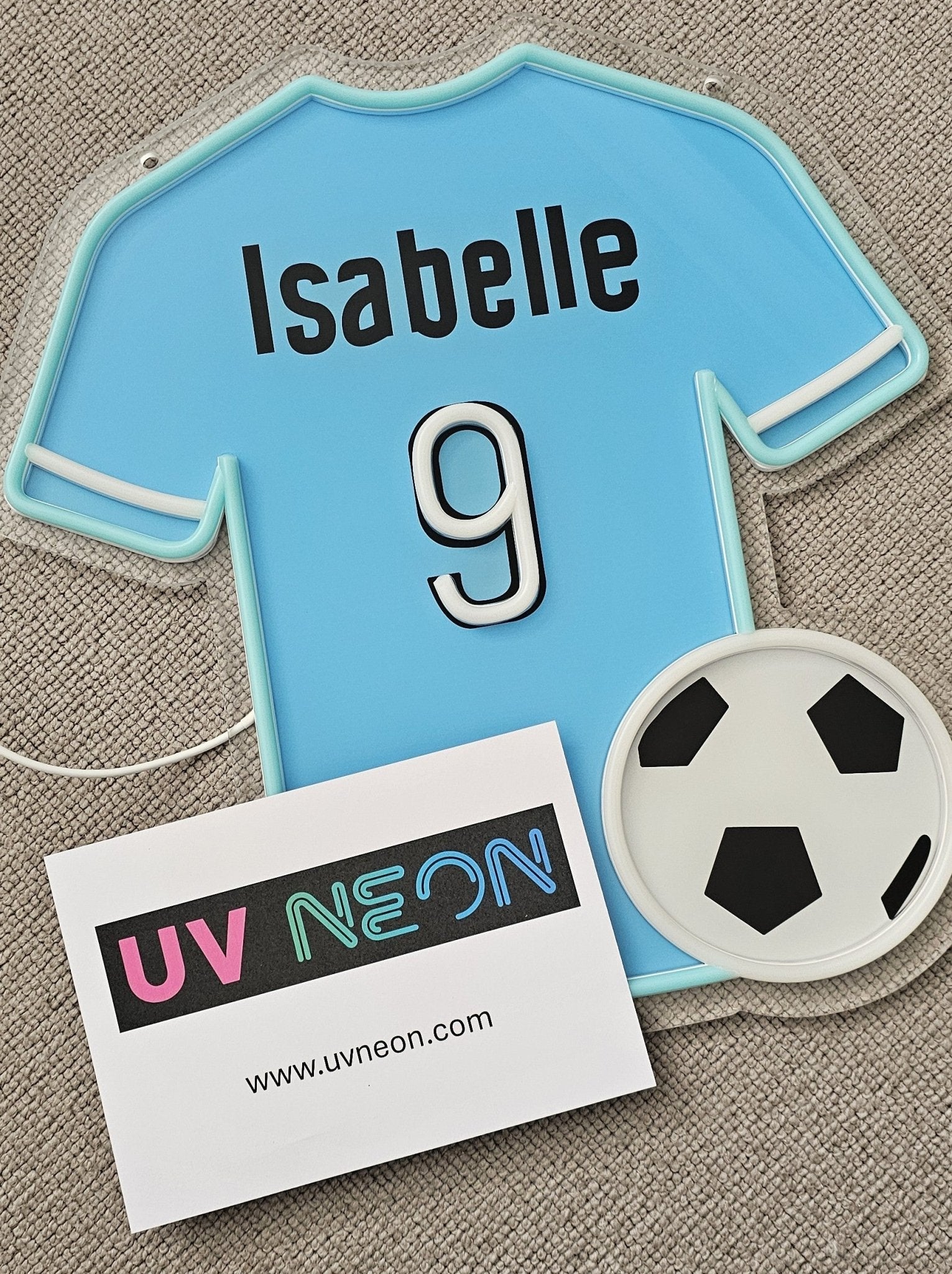 Custom Coventry City football shirt LED neon sign shown in sky blue with lights off