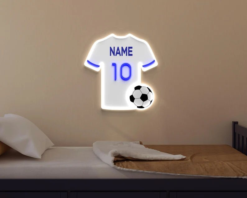 England or Tottenham-style football shirt neon sign glowing in white and navy LED lights