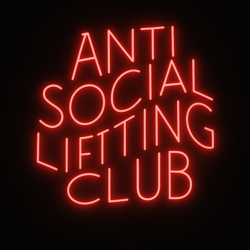 Anti Social Lifting Club red neon sign with glowing LED on black acrylic, ideal for weightlifting or gym décor.