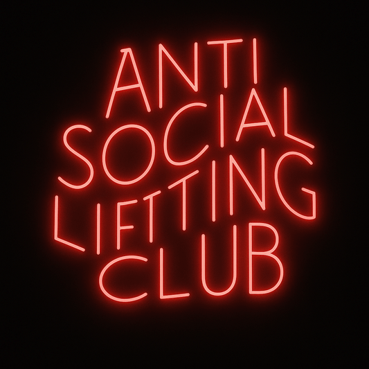 Anti Social Lifting Club red neon sign with glowing LED on black acrylic, ideal for weightlifting or gym décor.