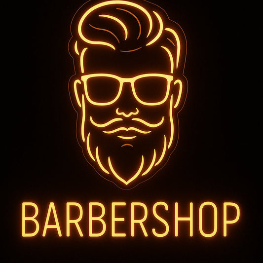 BARBERSHOP neon sign in LED flex with acrylic backing on black background – perfect for barbershops and grooming space décor.