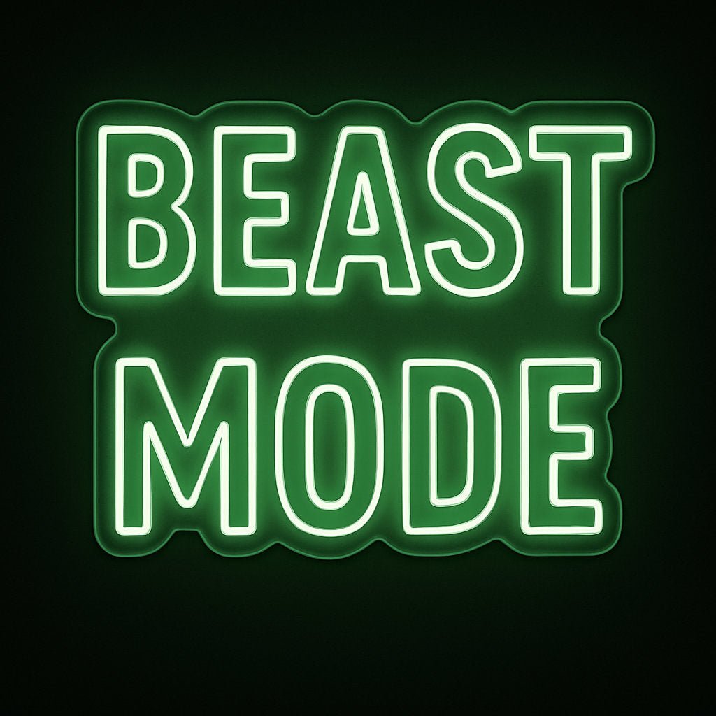 BEAST MODE neon sign in green LED flex with acrylic backing on black background – perfect for gym walls and workout motivation décor