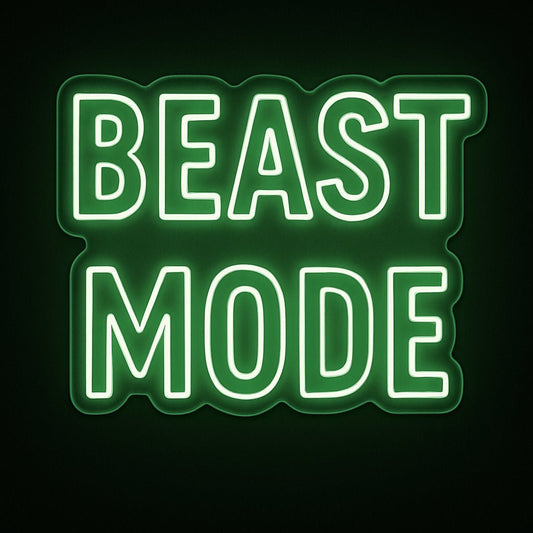 BEAST MODE neon sign in green LED flex with acrylic backing on black background – perfect for gym walls and workout motivation décor