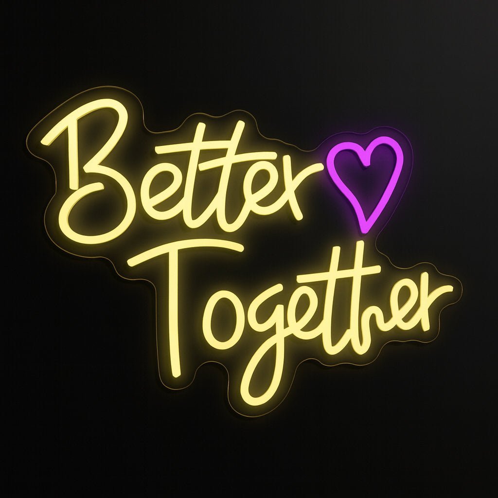 Better Together neon sign in yellow LED flex with purple heart and acrylic backing on black background – ideal for weddings and romantic events