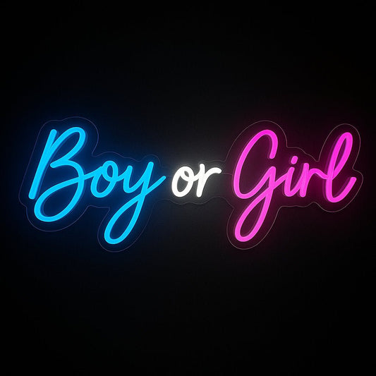 Boy or Girl neon sign in LED flex with acrylic backing on black background – blue, white, and pink neon lighting for gender reveal parties