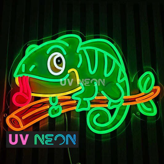 Chameleon lizard UV neon sign in LED flex with acrylic backing on black background – colourful cartoon-style reptile perfect for jungle or kids' room décor
