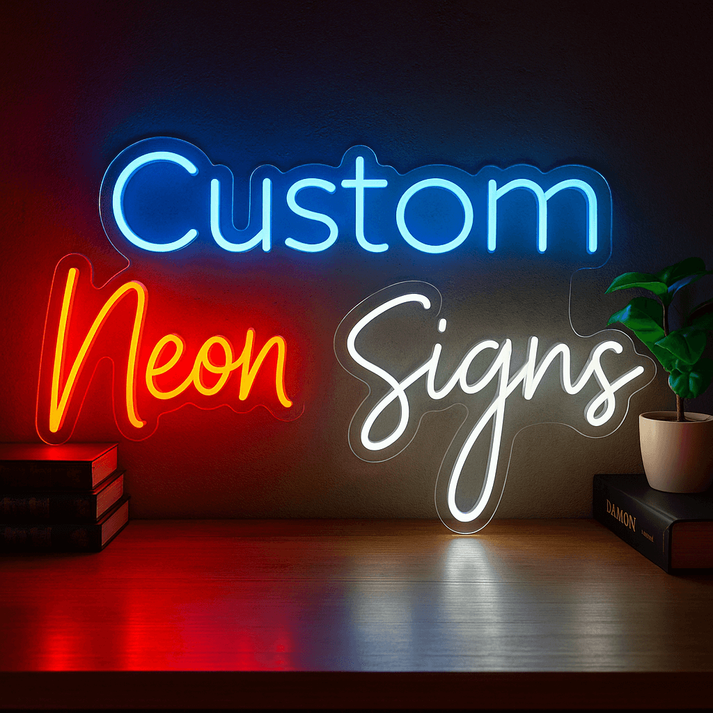 Custom neon signs in vibrant LED colours on clear acrylic backing, displayed on a wooden desk with a modern décor setup