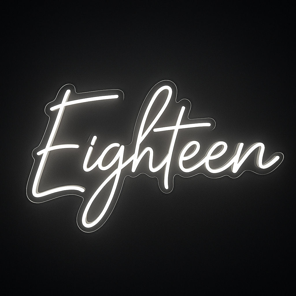 Eighteen neon sign in white LED flex with acrylic backing on black background – perfect for 18th birthday party backdrops and milestone décor