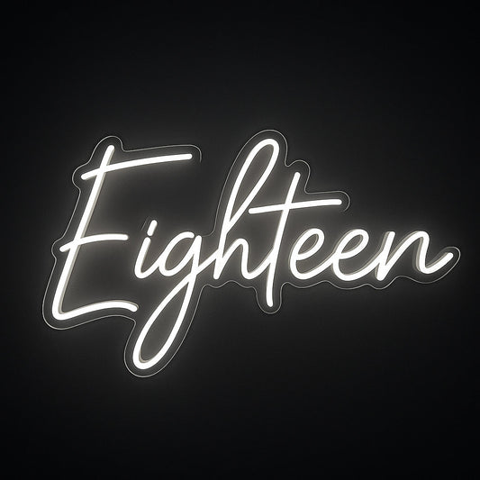 Eighteen neon sign in white LED flex with acrylic backing on black background – perfect for 18th birthday party backdrops and milestone décor