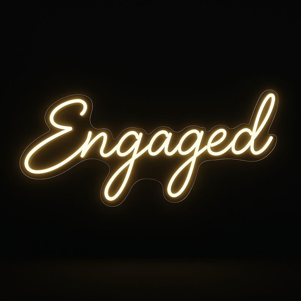Engaged neon sign in LED flex with acrylic backing on black background – perfect for engagement parties and bridal décor