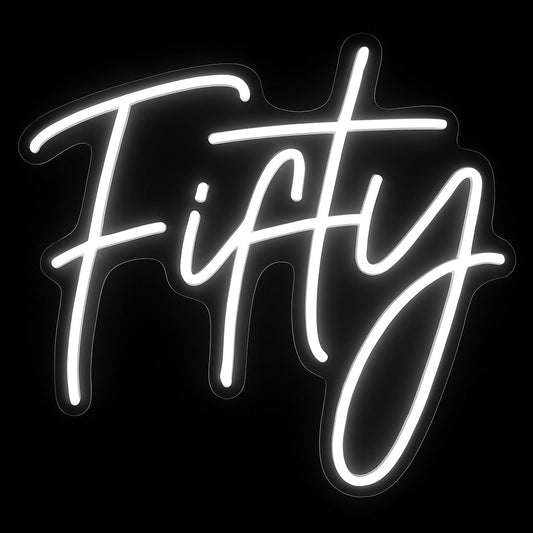 Fifty neon sign in white LED flex with acrylic backing on black background – ideal for 50th birthday party décor and milestone celebration backdrop