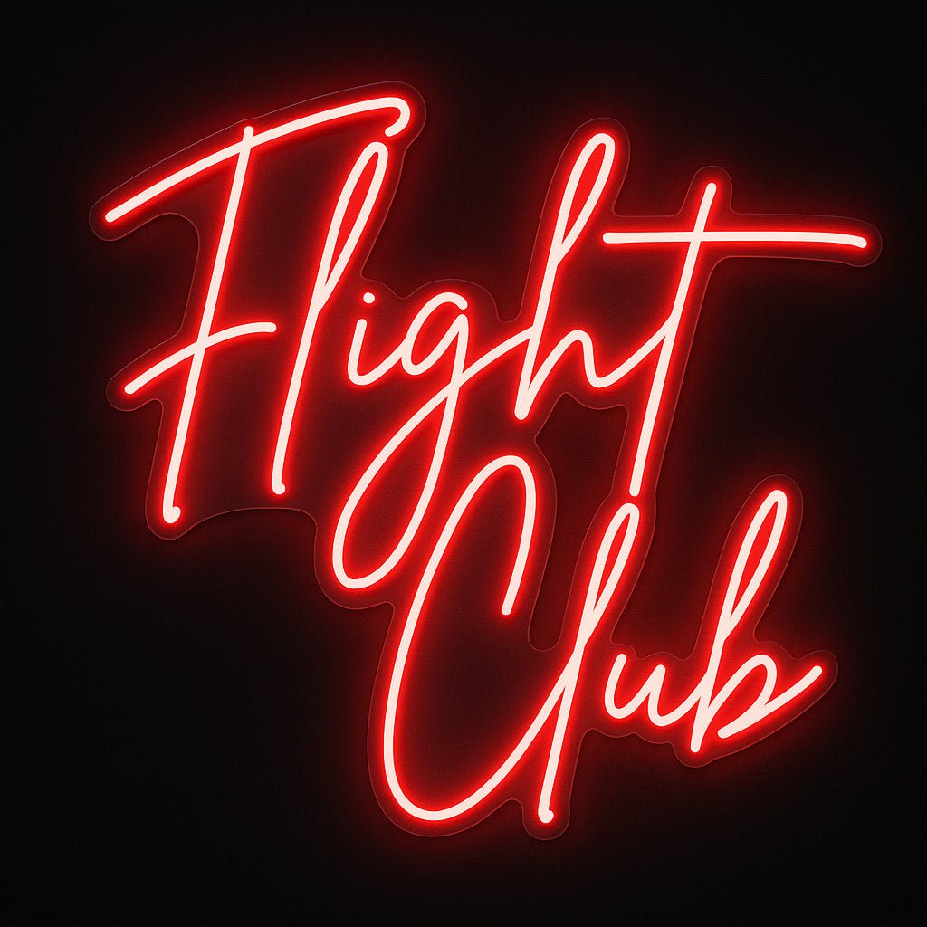 Flight Club neon sign in LED flex with acrylic backing on black background – ideal for darts bars, pubs, and games room décor