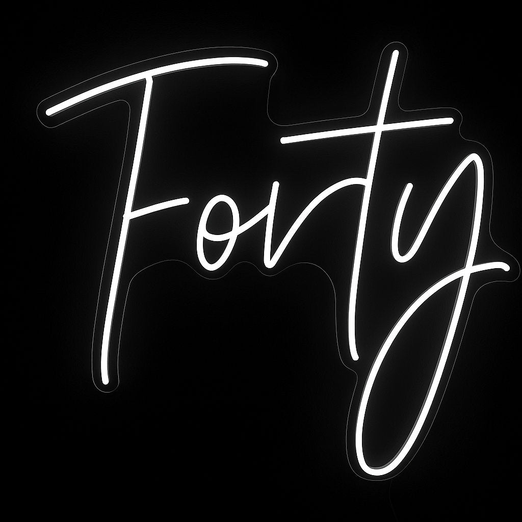 Forty neon sign in white LED flex with acrylic backing on black background – ideal for 40th birthday party backdrops and milestone celebrations