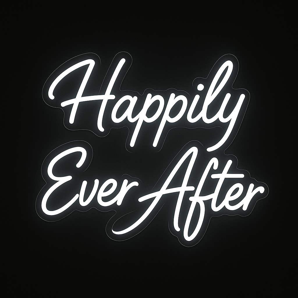Happily Ever After neon sign in LED flex with acrylic backing on black background – perfect for weddings, proposals, and romantic event décor