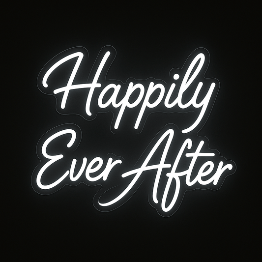 Happily Ever After neon sign in LED flex with acrylic backing on black background – perfect for weddings, proposals, and romantic event décor