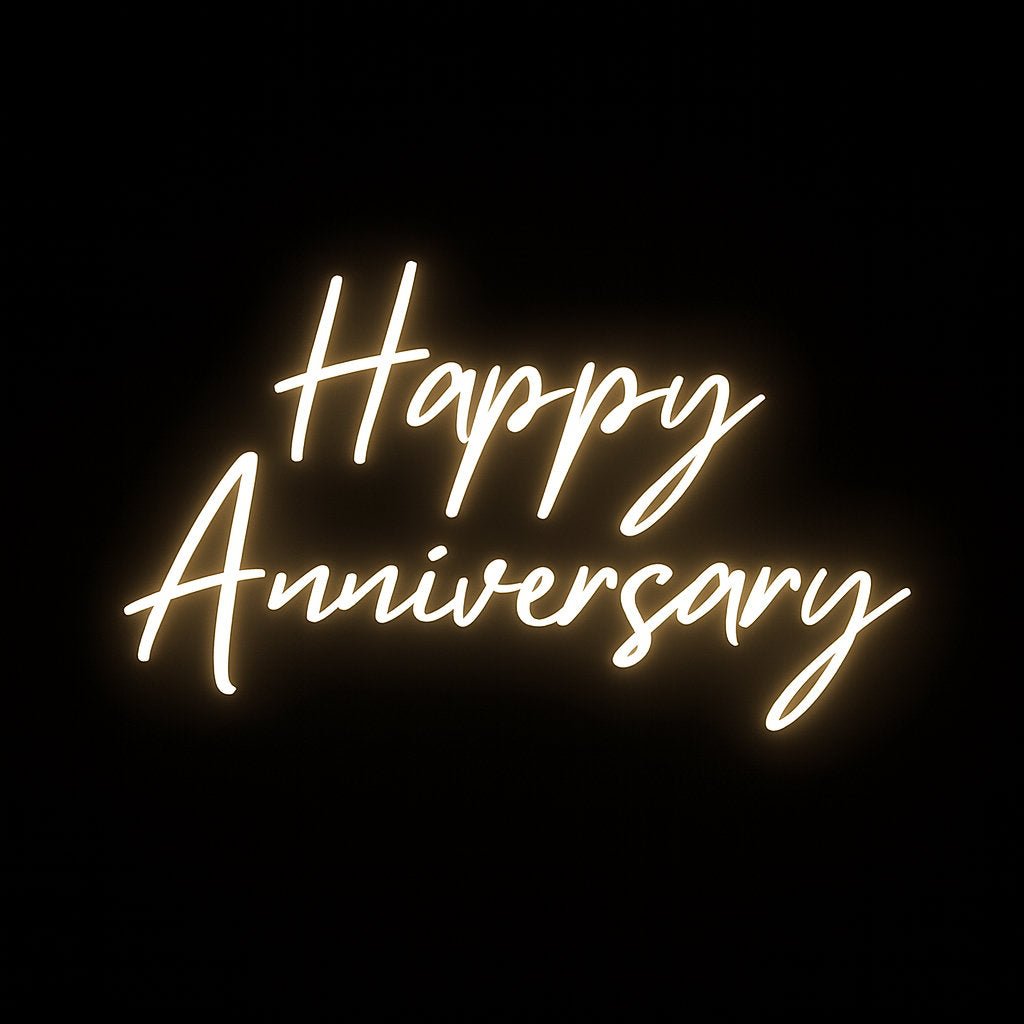 Happy Anniversary neon sign in LED flex with acrylic backing on black background – perfect for weddings, milestones, and romantic décor