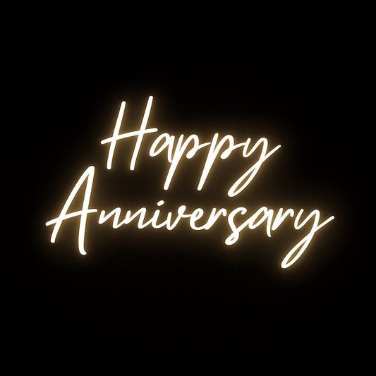 Happy Anniversary neon sign in LED flex with acrylic backing on black background – perfect for weddings, milestones, and romantic décor