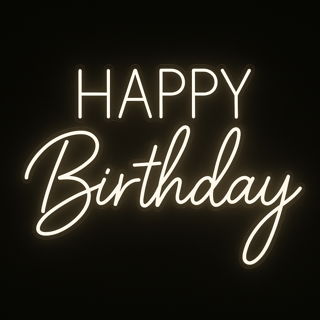 Happy Birthday neon sign in LED flex with acrylic backing on black background – perfect for birthday parties and event décor
