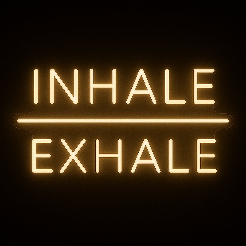 INHALE EXHALE neon sign in LED flex with acrylic backing on black background – perfect for yoga studios, spas, wellness rooms, and calming spaces
