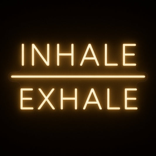 INHALE EXHALE neon sign in LED flex with acrylic backing on black background – perfect for yoga studios, spas, wellness rooms, and calming spaces
