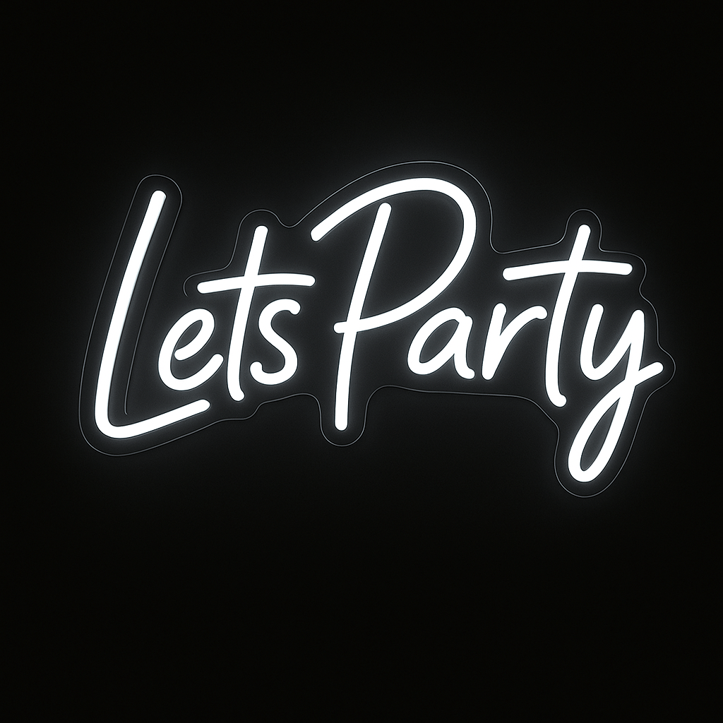 Lets Party neon sign in LED flex with acrylic backing on black background – perfect for events, weddings, and party décor