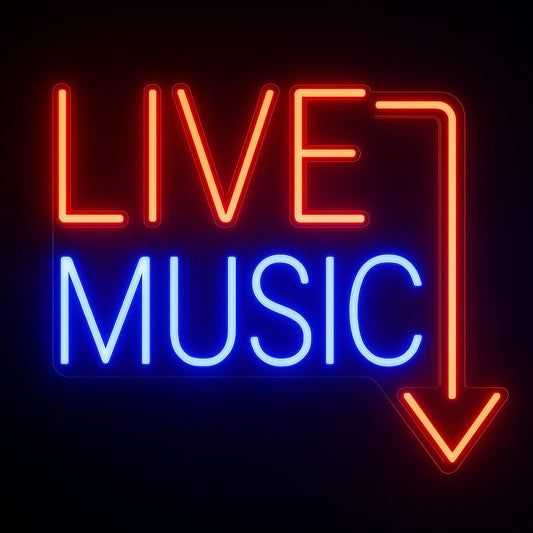 LIVE MUSIC neon sign in LED flex with acrylic backing and red arrow on black background – perfect for bars, gigs, and music venues