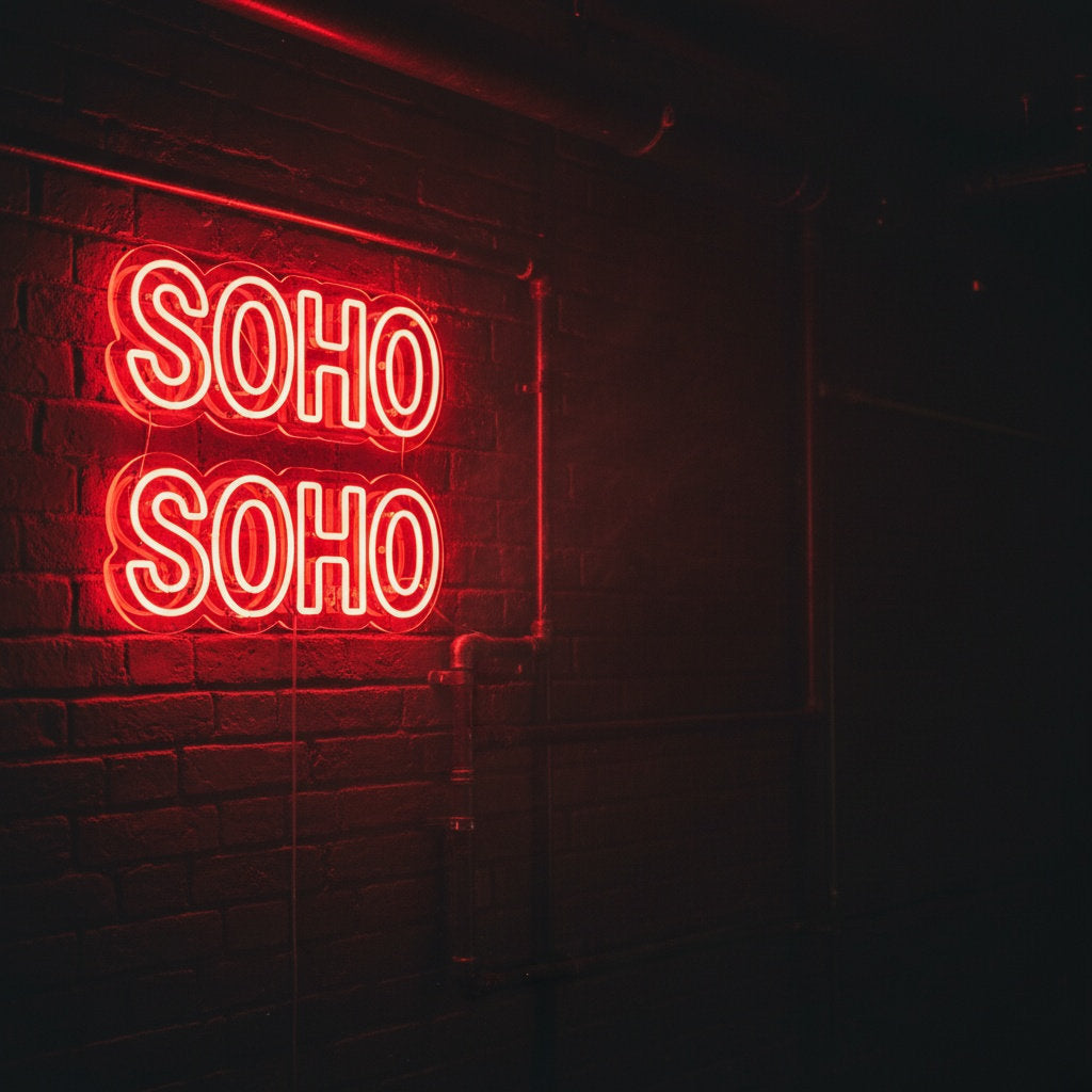Red LED neon sign spelling Soho on clear acrylic backing, mounted on a dark brick wall in London bar style interior