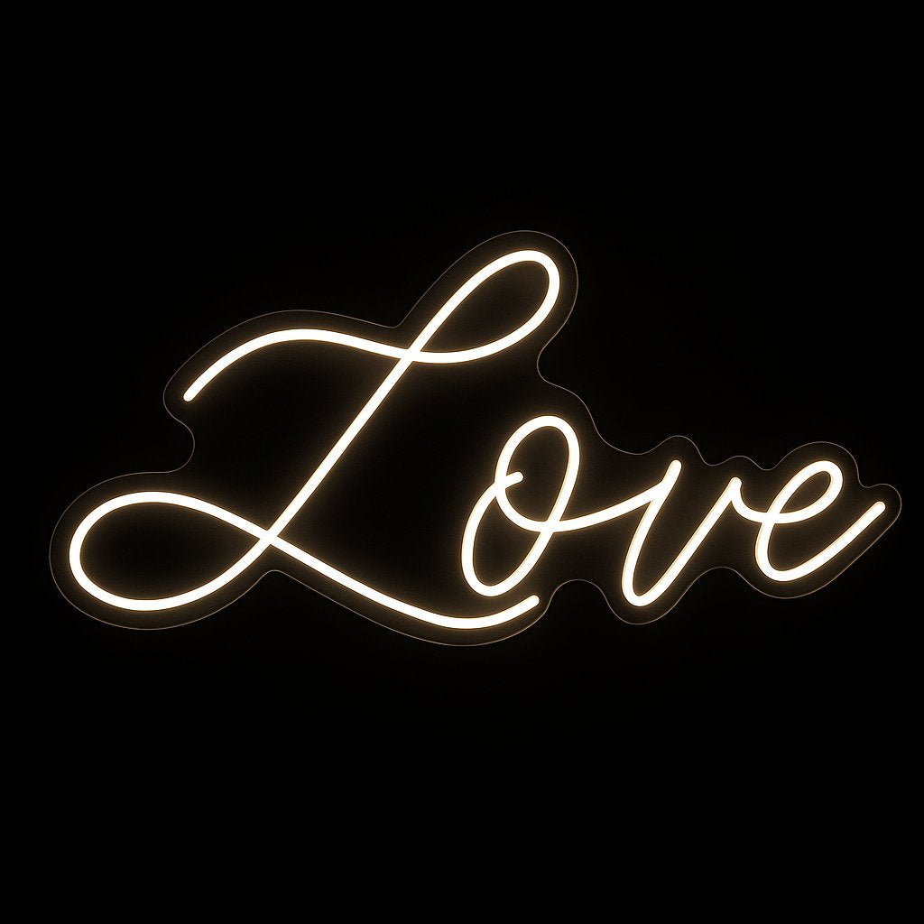Love neon sign in warm white LED flex with acrylic backing on black background – ideal for weddings, events, and romantic home décor