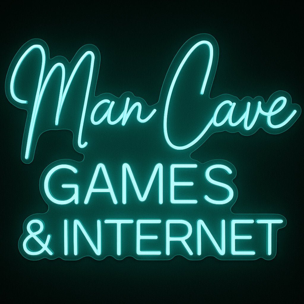 Man Cave Games & Internet neon sign in blue LED flex with acrylic backing on black background – ideal for gaming rooms, streaming setups, and chill zones