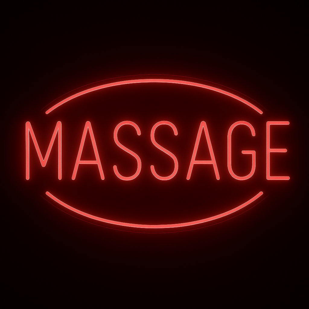 Massage neon sign in red LED with oval frame on acrylic backing, perfect for spa, massage studio and wellness centre decor.
