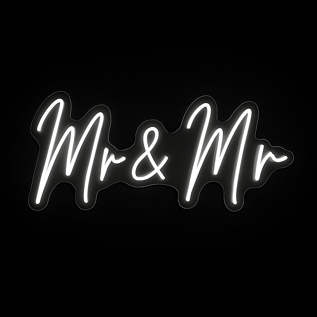 Mr & Mr neon sign in LED flex with acrylic backing on black background – perfect for weddings, LGBTQ+ events, and civil partnerships