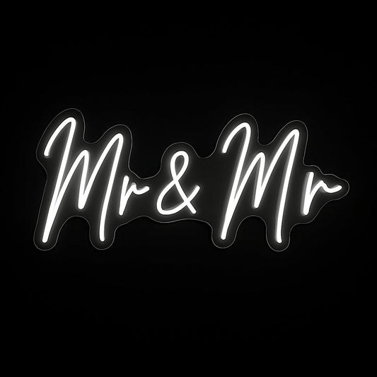 Mr & Mr neon sign in LED flex with acrylic backing on black background – perfect for weddings, LGBTQ+ events, and civil partnerships