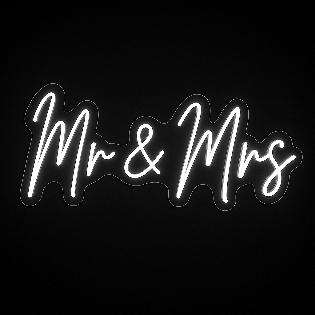 White Mr & Mrs neon sign on acrylic backing – LED wedding decoration