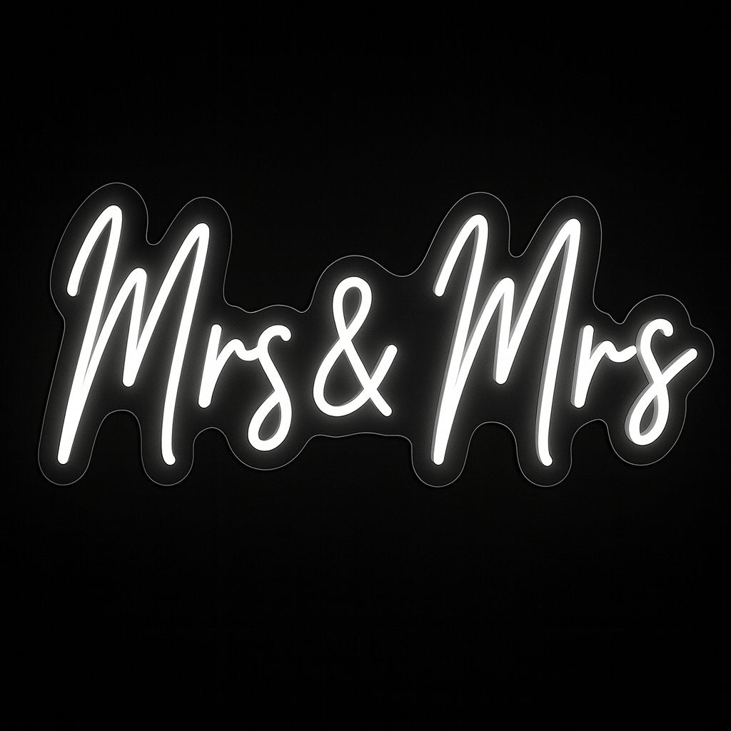 Mrs & Mrs neon sign in LED flex with acrylic backing on black background – perfect for same-sex weddings and LGBTQ+ celebrations
