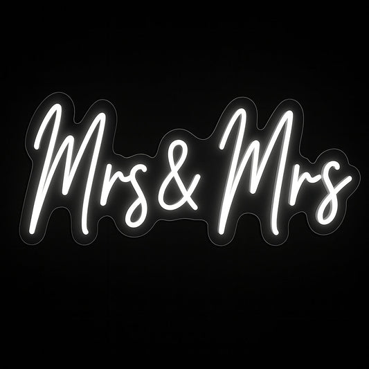 Mrs & Mrs neon sign in LED flex with acrylic backing on black background – perfect for same-sex weddings and LGBTQ+ celebrations