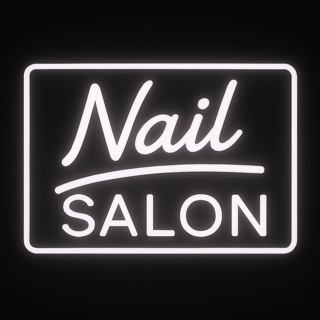Nail Salon neon sign in white LED with rectangular frame and acrylic backing, ideal for salon branding and interior decor.
