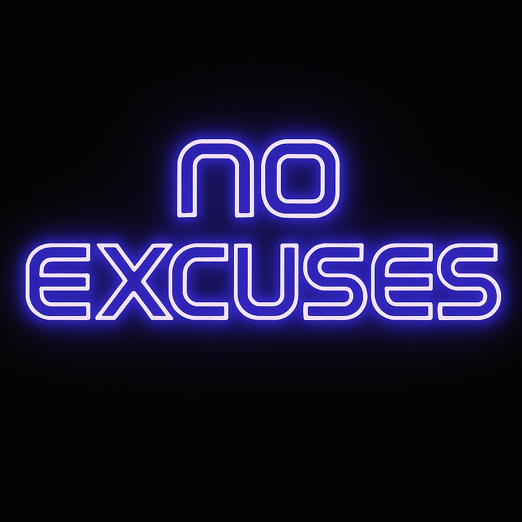 No Excuses neon sign in glowing blue LED on custom acrylic backing for gym or workout room motivation.