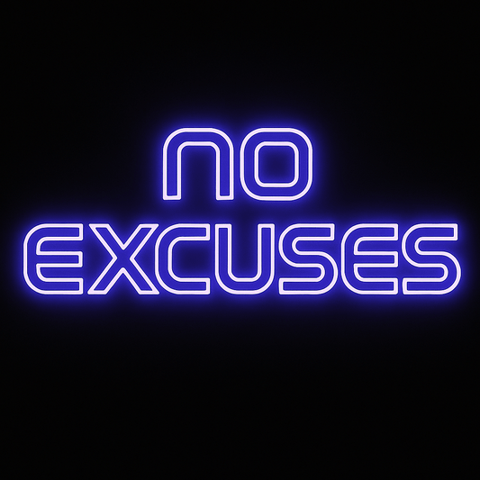 No Excuses neon sign in glowing blue LED on custom acrylic backing for gym or workout room motivation.