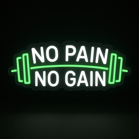 No Pain No Gain green neon sign with glowing barbell on acrylic backing for motivational gym décor.